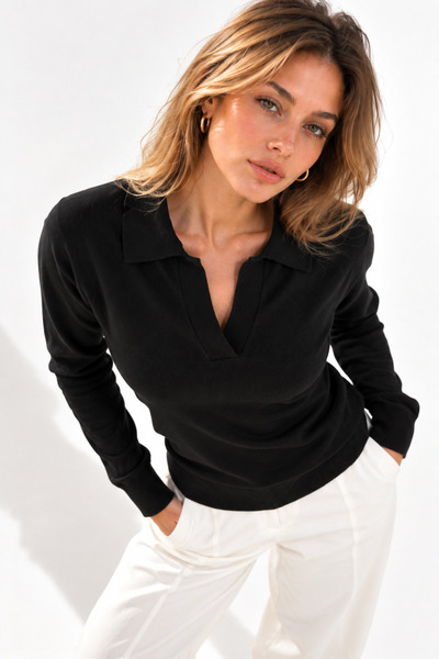 WILD BEE Women's Black Polo Neck Long Sleeve Knitwear Blouse