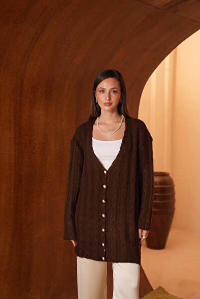 Balenbi Women's V-Neck Hair Knit Textured Striped Bearded Knitwear Cardigan 8434