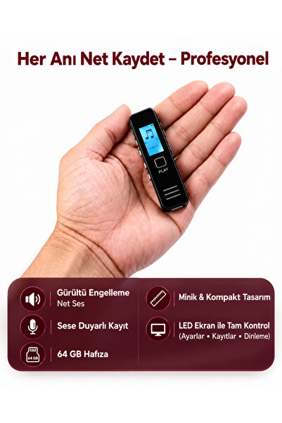 64 Gb Ses Kayıt Cihazı Sese Duyar Sensörlü Led Ekranlı,Mp3