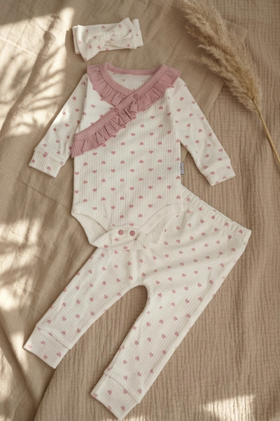ANP MODA TASARIM Baby Girl Pink Heart Patterned Ribbed Cotton 3-Piece Set - R...