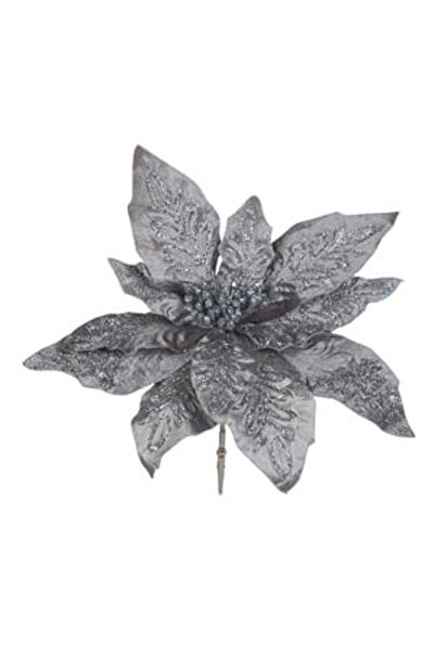 DD SHOP Ornament de Craciun Floare Gri cu Glitter Argintiu Clips 25cm