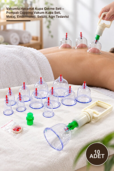 10 Adet Vakumlu Hacamat Kupa Çekme Seti – Pompalı Cupping Vakum Kupa Seti, Masaj, Endermoloji, Selülit, Ağrı Tedavisi