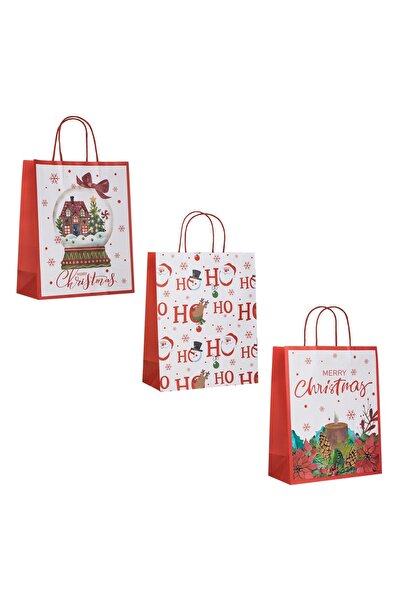 DD SHOP Sacose cadou kraft cu modele de Craciun, hartie, 26x12x32 cm, 3 bucat...
