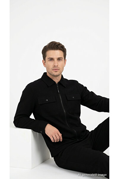Jack & Jones قميص رجالي أسود بياقة وسحاب أمامي، جاكيت كوفوشن مع جيوب مزدوجة ع...