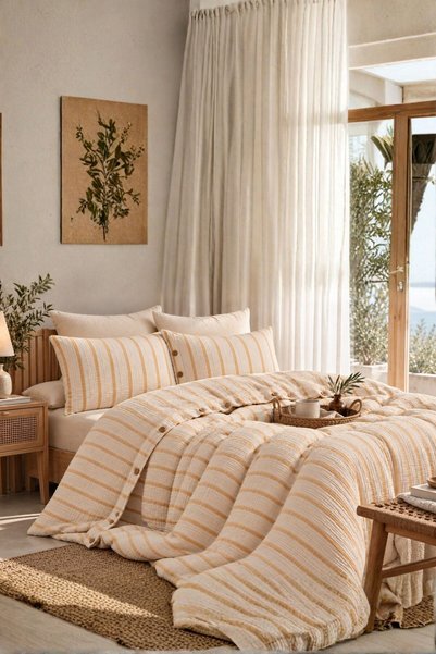 Layan Home 100% Cotton Muslin Duvet Cover Set Double - Striped