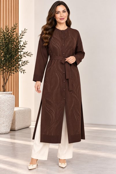 bezeXL Plus Size Patterned Knitwear Long Cardigan Brown