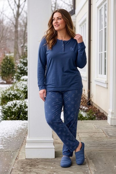 ANGELİNA Women's Navy Blue Patterned Long Sleeve Combed Cotton 100% Cotton Fabric Seasonal Pajama Set