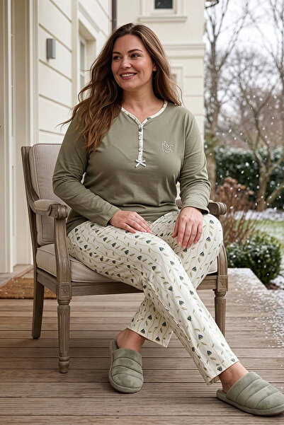 ANGELİNA Women's Green Patterned Long Sleeve Combed Cotton 100% Cotton Fabric Seasonal Pajama Set