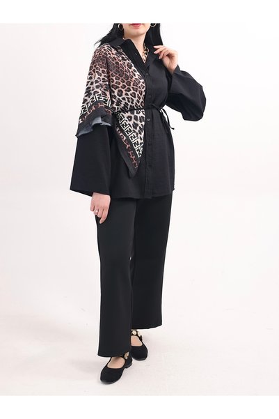 Hepsi Moda قميص تونيك كبير الحجم مع حزام - 514574 - أسود