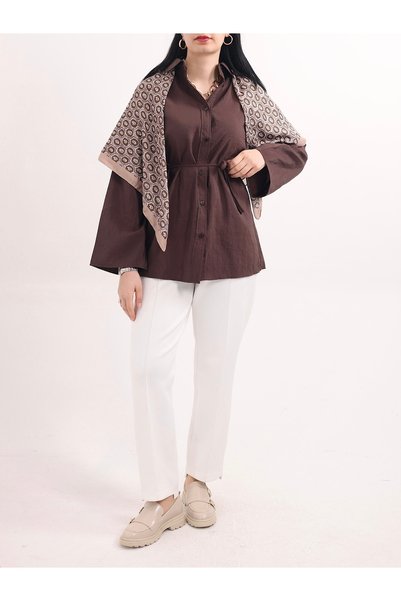 Hepsi Moda قميص تونيك كبير الحجم مع حزام - 514574 - بني غامق