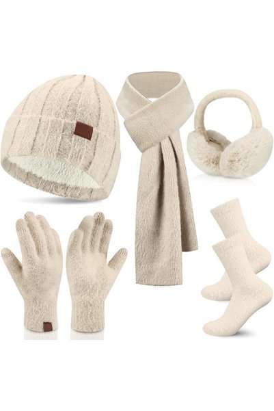 Sintege 5 Pieces Winter Beanie Hat Long Scarf Touchscreen Gloves Foldable Ear...