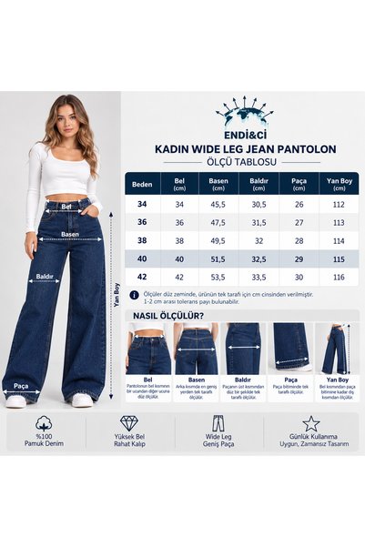 ENDİ&Cİ Kadın Dark Blue Yüksek Bel Wide Leg Jean Pantolon
