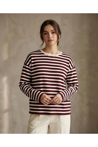 RYVAN Bluză de damă cu decolteu rotund, cu dungi, croială lejeră, din tricot