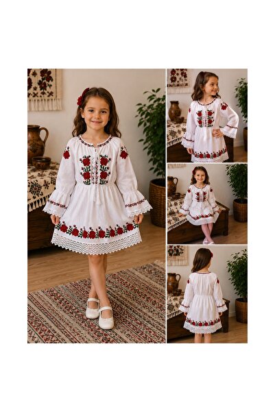 OEM Rochie tradițională pentru fete, model floral roșu, 10 ani