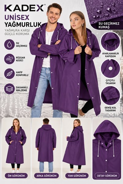 kadex Unisex Haki Uzun Yağmurluk – Kapüşonlu Su Geçirmez Rüzgar Kesici Çıtçıtlı