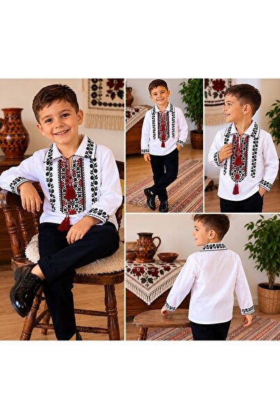 OEM Ie Traditionala Pentru Copii Model Geometric Rosu/ Negru 12-13 Ani