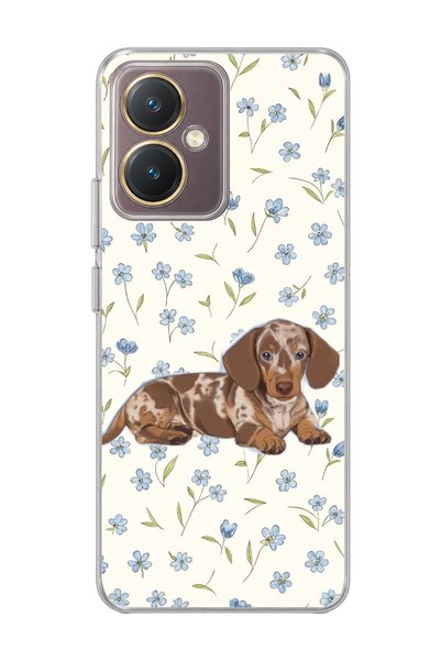 lelia Vivo Y27 Compatible Sausage Dog Blue Flower Printed Transparent Phone Case