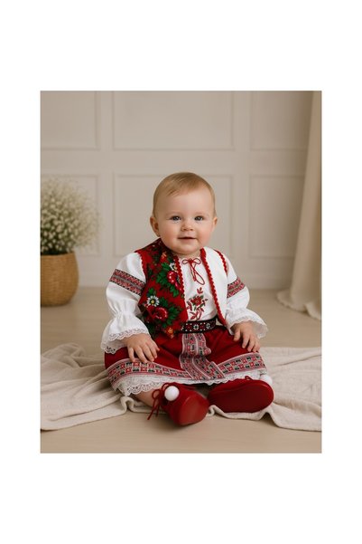 OEM Costum tradițional romanesc pentru bebeluși, alb cu roșu și broderie folc...