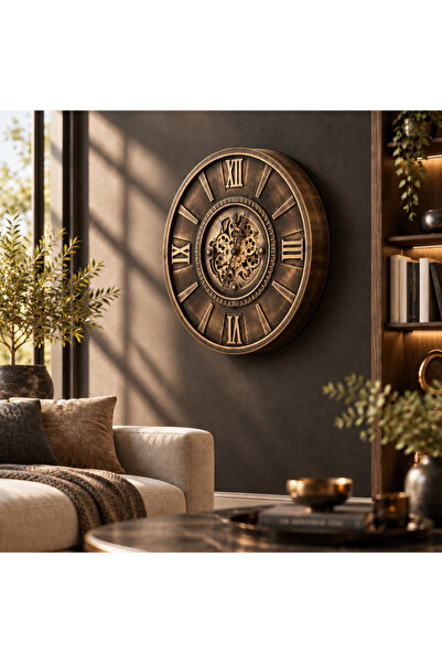 Dekovagon Çarklı Metal Duvar Saati 80cm Bronz Eskitme