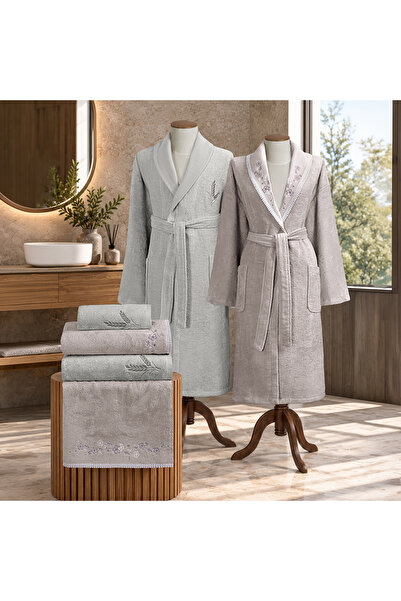 ALTINBAŞAK TEKSTİL Livia bamboo embroidered family bathrobe set lilac/grey m-...