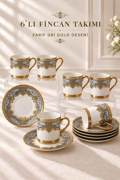 Queen’s Kitchen Barok Desenli Altın Detaylı Tabaklı 6 Kişilik Kahve Fincan Takımı
