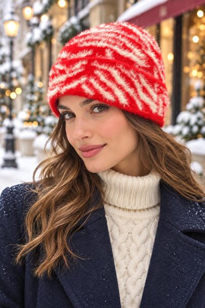 Wearflawless قبعة نسائية ناعمة بنمط حمار وحشي أحمر، قبعة شتوية دافئة بنمط حما...