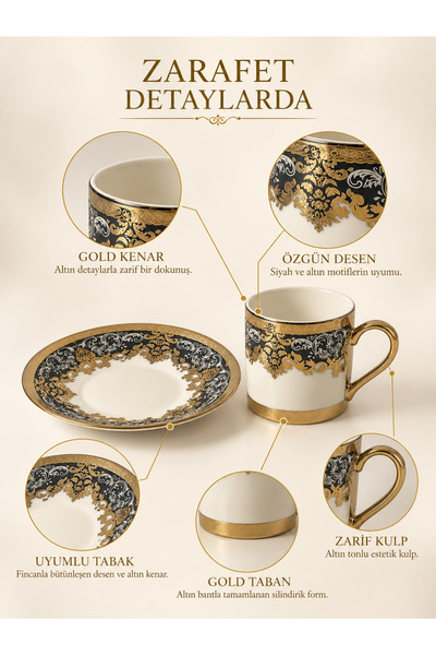 Queen’s Kitchen Barok Desenli Altın Detaylı Tabaklı 6 Kişilik Kahve Fincan Takımı