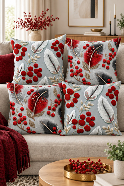 stellahomes **Red and White Feather and Fruit Patterned 3D Embroidery Look De...