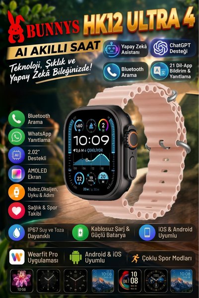 Bunnys App le iPhone 16 PRO Uyumlu Ultra 4 Su Geçirmez Akıllı Saat Bluetooth Aramalı whtsapp Sesli Mesaj Gönderme AMOLED EKRAN