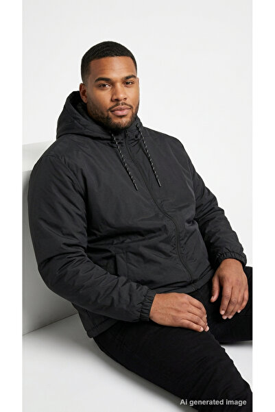 Jack & Jones معطف رجالي أسود بقلنسوة من JCOFUSION LOCK مع جيوب بسحاب، سترة ري...