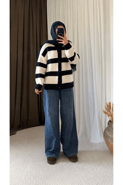 Hepsi Moda Marine Striped Buttoned Crew Neck Knitwear Jacket - Navy Blue & Ecru
