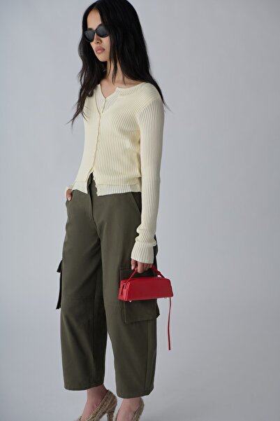 Suud Collection Cream Double Layer Ribbed Knitwear Cardigan