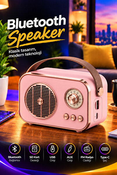 Platoon PL-4641 Pembe SD Kart Aux Usb Girişli Kablosuz Bluetooth Speaker Hopa...