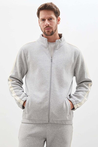Fulla Moda 3-Thread Zipper Stand Collar Jacket with Striped Sleeves
