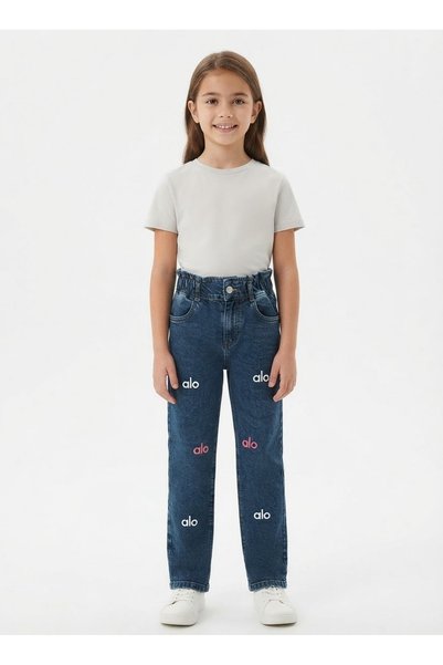 gülerçocuk Dark Blue Girls' High Waist Elasticized Spanish Leg Printed Jeans