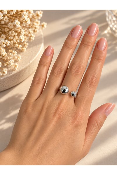 MİLANO BEAUTYS Women's Silver Color Double Ball Detailed Adjustable Modern Ring