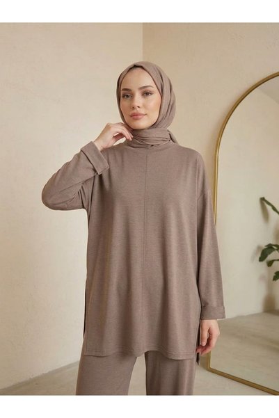 Generic Brand Sleeve Fold Detail Slit Trousers Suit - Light Brown