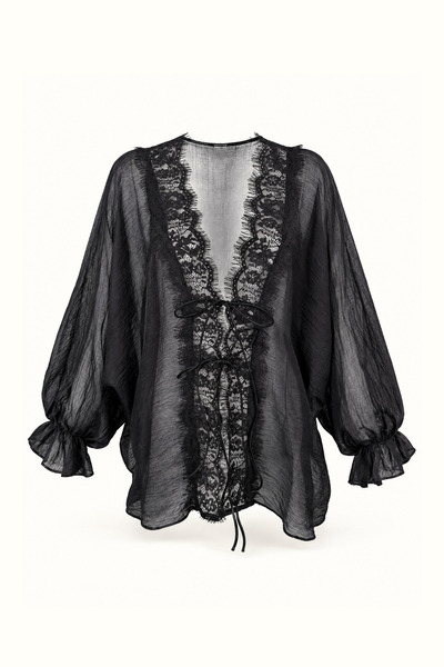 Sezgi Tekin Lace Detail Black Transparent Voile Shirt