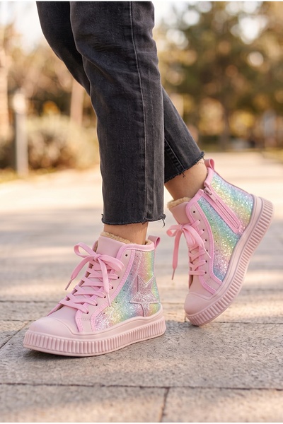 Moda Lime Κοριτσίστικες μπότες sneaker με ψηλή σόλα σε μπεζ χρώμα με λεπτομέρ...