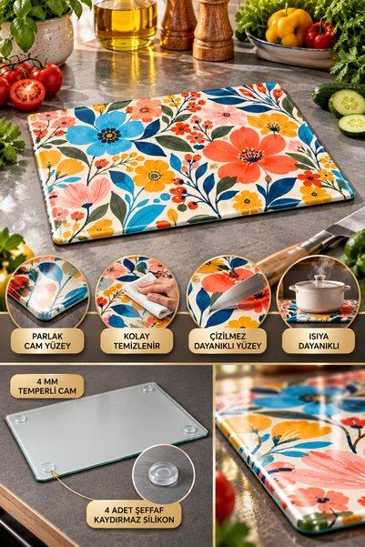 GÖKÇEOĞLU Glass Cutting Board Boho Floral Themed - Glass Cutting Board |   20cm X 30cm