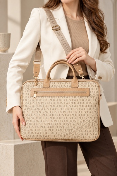 Just Polo Unisex Black Monogram Fabric Laptop and Shoulder Bag Mink