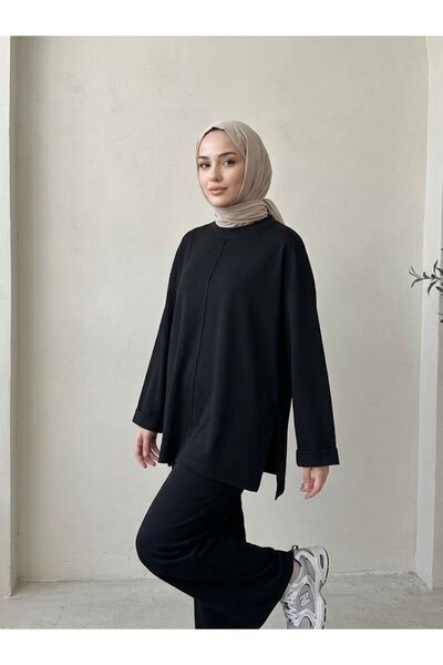 Lunsera Store بدلة بنطلون بتفاصيل أكمام قابلة للطي وفتحة جانبية - أسود