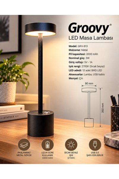 GROOVY GRV-813 Şarjlı LED Masa Lambası 2700K 3W 2000 mAh