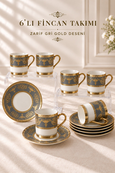 Queen’s Kitchen Şal Desenli Altın Detaylı 6 Kişilik Kahve Fincan Takımı