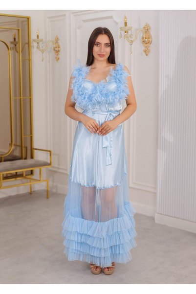 Loviana belle Boxed Feather Detailed Long Nightgown Satin