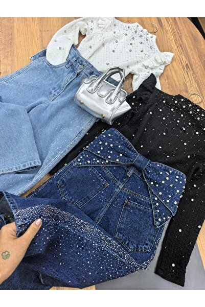 AYKİDSCLUP Kız Çocuk Taş Detaylı Geniş Paça Kot Pantolon, Fırfırlı Bluz ve Çantalı 3’lü Takım 0710-B