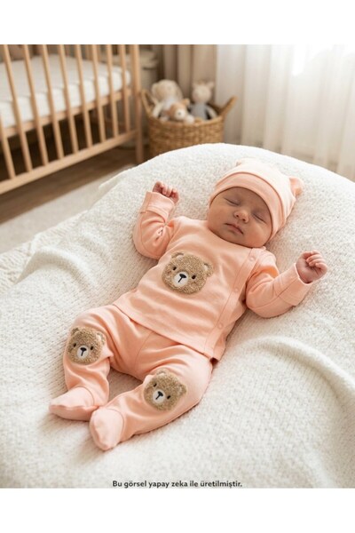 Egelite Newborn Baby Süzene Teddy Bear Embroidered 3-Piece Bodysuit Set with ...