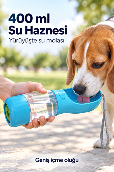 indirimsevinci Taşınabilir Köpek ve Kedi Suluğu 400 ml Mama ve Poşet Bölmeli İpli Seyahat Su Şişesi