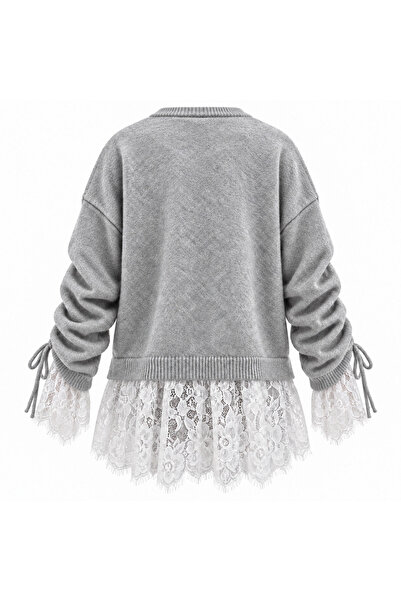 peri tower Women's Lace Detailed Gathered Sleeve Tie-Up Buttoned Knitwear Cardigan 8012