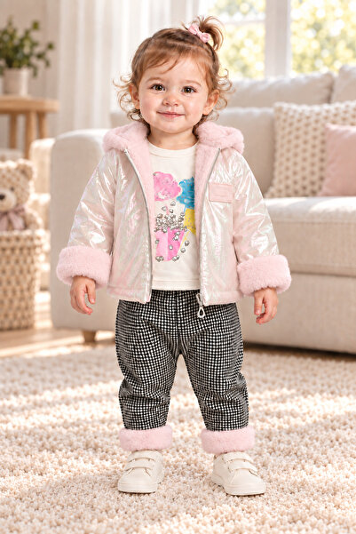 AHENGİM Baby Girl 3 Piece Set Plush Detailed Hooded Shiny Coat Printed Top Pa...